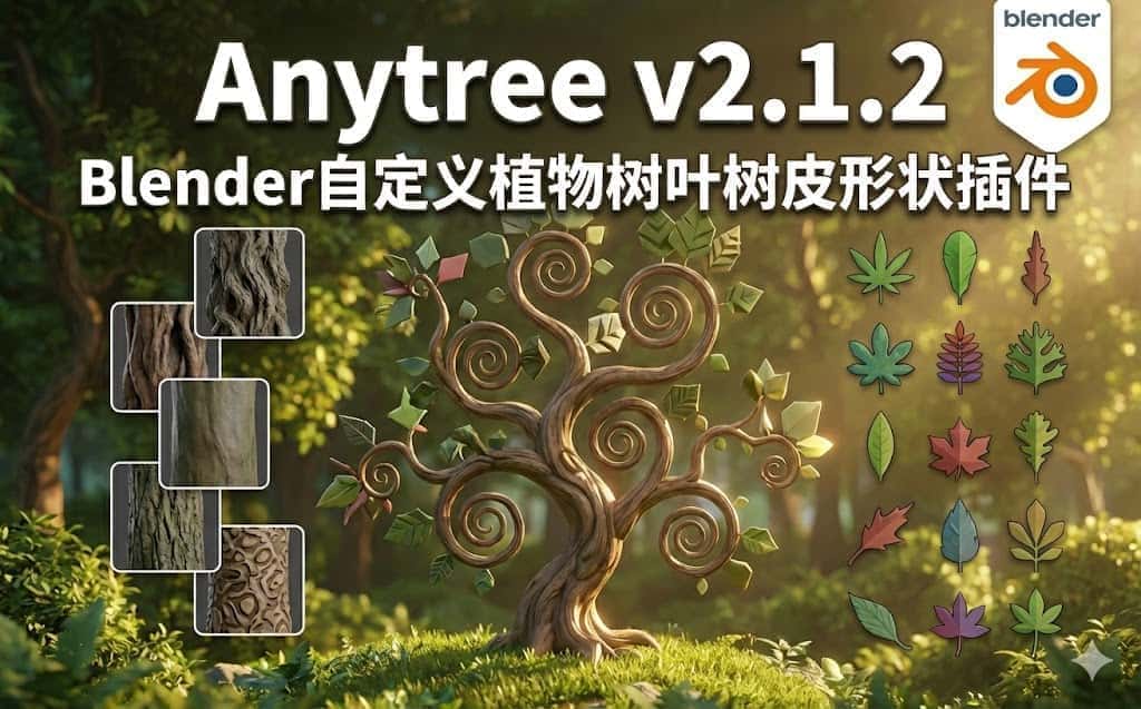 免费Blender插件｜Anytree v2.1.2自定义植物树叶树皮形状blender插件下载