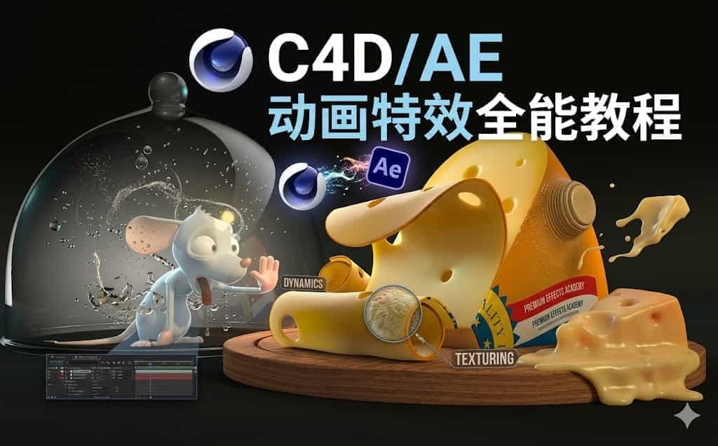 C4D/AE动画特效全能教程：UI动态、动力学模拟与商业产品动画实战